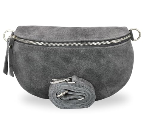 BRISE Damen Bauchtasche SAHEL Handgemachte Umhängetasche Crossbody Bag Gürteltasche Echtes Wildleder mit Ledergurt + Optionalen Breiten Gemusterten Riemen Made in Italy Hüfttasche (Dunkelgrau 1) von Brise Art