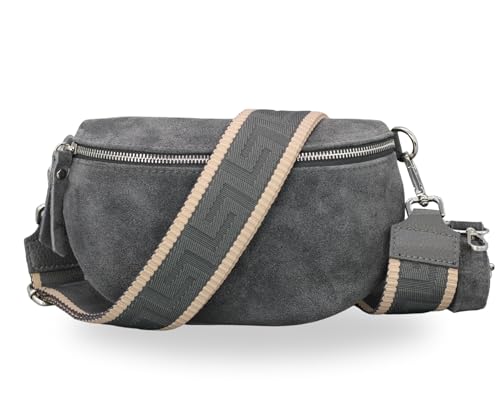 BRISE Damen Bauchtasche SAHEL Handgemachte Umhängetasche Crossbody Bag Gürteltasche Echtes Wildleder mit Ledergurt + Breiten Gemusterten Riemen Stylische Made in Italy Hüfttasche (Dunkelgrau 2) von Brise Art