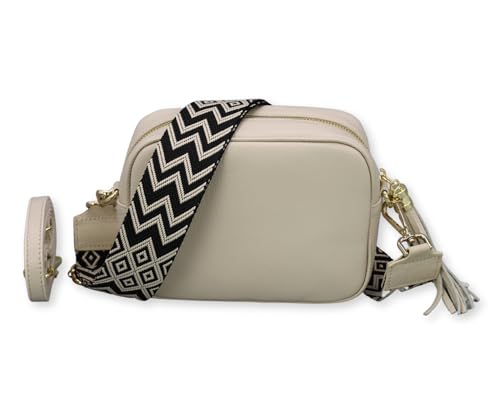 BRISE Umhängetasche für Damen KIRA Handgemachte Crossbody Bag Schultertasche aus 100% Echtleder mit Ledergurt + Breiten Gemusterten Riemen Verstellbarer Gurt Made in Italy (Beige - 4) von Brise Art