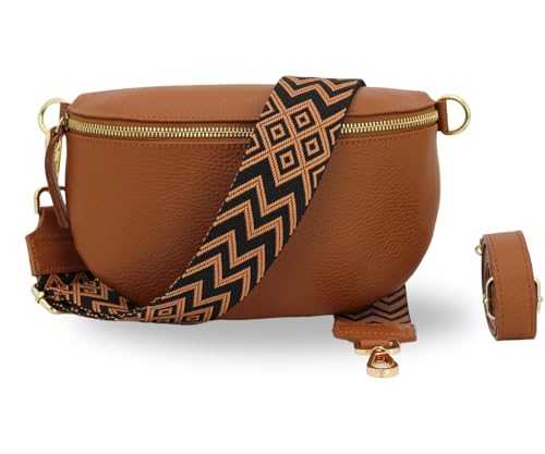 BRISE Damen Bauchtasche SAHEL Handgemachte Umhängetasche Crossbody Bag Gürteltasche Echtes Leder mit Ledergurt + Breiten Gemusterten Riemen Stylische Made in Italy Hüfttasche (Cognac Braun-Gold 4) von Brise Art