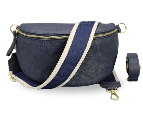 BRISE Damen Bauchtasche SAHEL Handgemachte Umhängetasche Crossbody Bag Gürteltasche Echtes Leder mit Ledergurt + Breiten Gemusterten Riemen Stylische Made in Italy Hüfttasche (Navyblau-Gold 3) von Brise Art