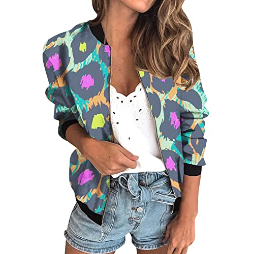 Briskorry Blouson Jacke Damen Leichte Leoparden Drucken Übergangsjacke Elegant Langarm Bomberjacke Frauen Kurz Pilotenjacke Dünne Damenjacke Outwear Reißverschluss Kurzjacke von Briskorry