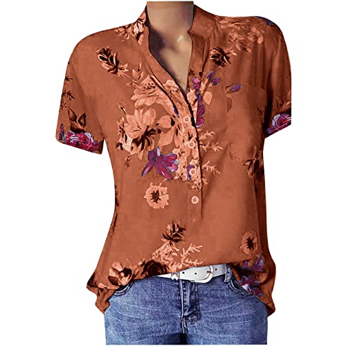 Briskorry Bluse Damen Elegant V-Ausschnitt Hemd Sommer Kurzarm Tshirt mit Knopfleiste Blumen Drucken Tops Oversize Locker T-Shirt Oberteile Mode Frühling Sommer Tops von Briskorry