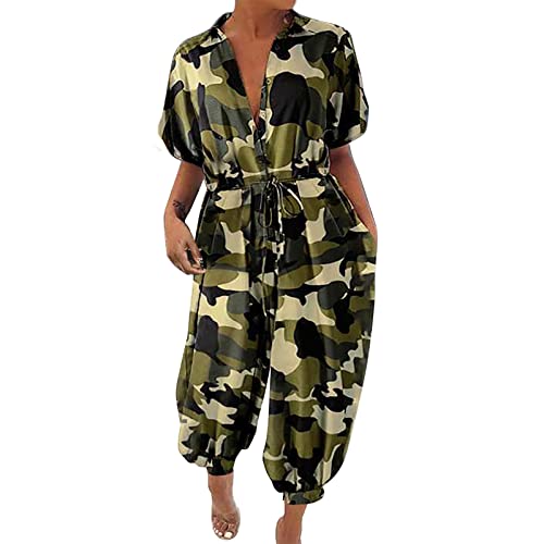 Briskorry Camouflage Jumpsuit Damen Sommer Kurzarm Jumpsuit Overall Lang V-Ausschnitt Hosenanzug Casual Playsuit Romper mit Taschen von Briskorry