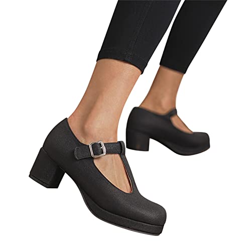 Briskorry Damen Ballerinas mit Absatz,Plattform Pumps Retro Plateau Schuhe Schnalle Geschlossene Arbeitsschuhe Einfarbig Freizeitschuhe Runde Zehe Mary Jane Halbschuhe Casual Mode Einzelschuhe von Briskorry