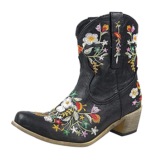 Briskorry Damen Cowboystiefel Halbhohe Stiefel Bestickte Blumen Reiterstiefel Kurze Stiefel Klassische Damen Biker-Stiefel Leder Reitstiefel Biker Boots Chunkyrayan Western Stiefeletten von Briskorry