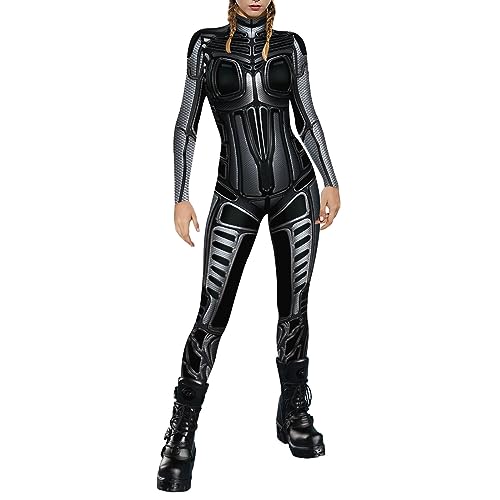 Briskorry Damen Halloween Kostüm 3D Roboter Digitaldruck Jumpsuit Slim Fit Langarm Einteilige mit Reißverschluss Frauen Jumpsuit für Rollenspielparty Ganzkörper Bodysuit von Briskorry
