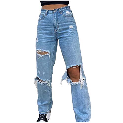 Briskorry Damen Jeans Weites Bein Gerade Denim Jeans Y2K Baggy Hose Vintage Straight Baggy Jogginghose Mit Taschen Zerrissene Freizeithosen Streetwear Cargohose von Briskorry