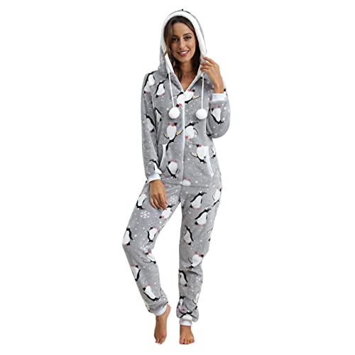 Briskorry Damen Jumpsuit Teddy Fleece Einteiler Overall Anzug Flauschig Einteiler Onesie Einteiler Onesie mit Kapuze rotem Ohr, Liebesärmeln,Langem Reißverschluss Loungewear Schlafoverall (A-a, L) von Briskorry