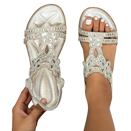 Briskorry Damen Sandalen Elegant,Strass Glitzer Sandaletten Flache Schuhe Sexy Offene Toe Sandalette Gummiband Sommerschuhe Fashion Strandsandalen Elegant Römersandalen von Briskorry