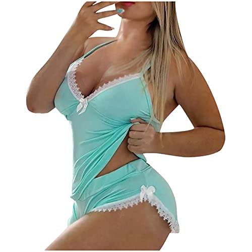 Briskorry Damen Schlafanzug Set Sommer Spitzen Pyjama Leicht Cami Top + Shorts Ärmellos Home Service Nachtwäsche Weich Negligee Zweiteiliger Nachthemd Negligée Lingerie von Briskorry