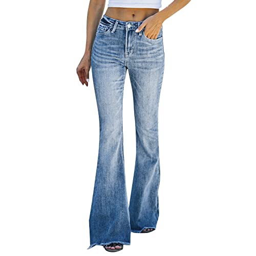 Briskorry Damen Schlaghosen Lang Stretch Jeanshose mit Tasche Weites Bein Denim Hose Elastic Waist Jeans Schlag Weite Schlagjeans Freizeithose Hüftjeans Hüfthose von Briskorry