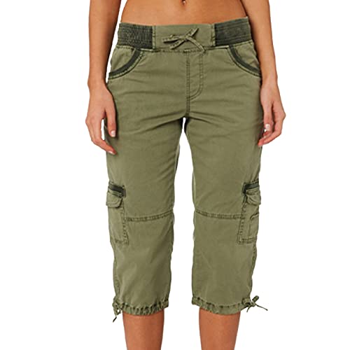 Briskorry Damen Wanderhose Elastische Cargohose Leichte 3/4 Sporthose Sommer Freizeithose Baggy Kordelzug Trainingshose mit Seitentaschen Caprihose Outdoorhose Jogginghose von Briskorry