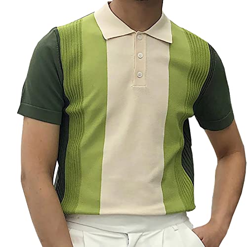 Briskorry Herren Strick-Poloshirt Kurzarm Umlegekragen Knopfleiste Farbblock Gestreift T-Shirt Stretch Slim Fit Plus Size Tops Golf Tennis Blusen von Briskorry