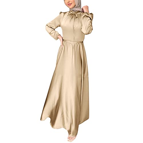Briskorry Muslim Elegantes Schlichtes Kleid Damen Satin Muslimische Kleider mit Gürtel Einfarbig Frauen Dubai Kleidung Arabische Abaya Kleid Islamische Robe Lang von Briskorry