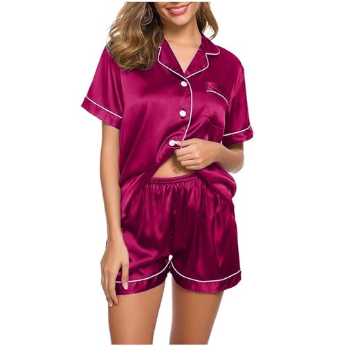 Briskorry Satin Schlafanzug Damen Kurz Pyjama Set mit Knopfleiste Kurzarm Nachtwäsche Loungewear Zweiteiliger Schlafshirt Schlafshort von Briskorry