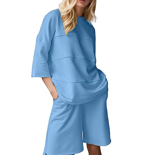 Briskorry Zweiteiler Damen Freizeit Set Loungewear Set Einfarbig Oversize Shirt + High Waist Sporthose Sleepwear Hausanzug Sets von Briskorry