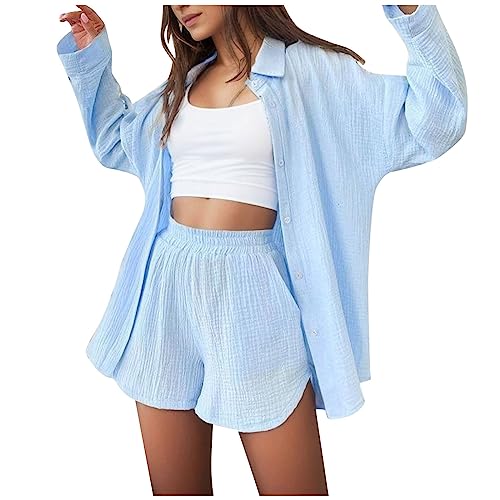 Briskorry Zweiteiler Damen Sommer Freizeitanzug Frühling Herbst Revers Button Down Hemd Und Shorts Set Elegant Hosenanzug Für Frauen Loungewear Freizeit Basic Sportanzug Musselin Set von Briskorry