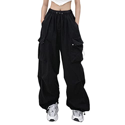 Cargohose Damen Baggy Weite Bein Hose Hip Hop Y2K Jogginghose mit Mehrere TaschenStreetwear mit Gummizug Oversized Vintage Freizeithose Fallschirmhose Cargo Lange Hosen von Briskorry