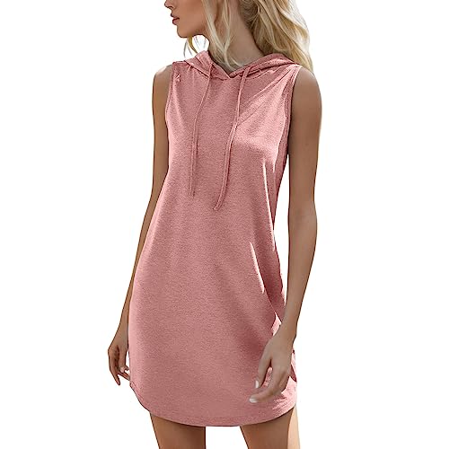 Damen Kleider Elegant Damen Sexy Einfarbig Ärmellos Hoodies Sweatshirt Sommerkleid mit Kapuze Kordelzug Kurz Freizeitkleid T-Shirt Kleider Sommer Casualkleid Shirtkleid Gerades Kleid Bodycon Kleid von Briskorry