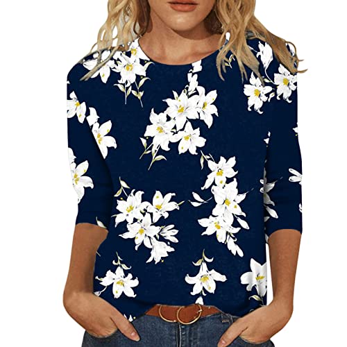 Damen T-Shirts Sommer 3/4 Arm Oberteile Tops Blumenmuster Druck Tunika Shirt Lose Rundhals Sommershirts Mode Damenblusen Langarm Blumen Bluse Tshirt von Briskorry