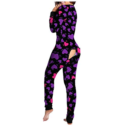 Jumpsuit Schlafanzug Damen Sexy Butt Button Back Flap Pyjama Onesie Einteiler Homewear -Overall mit Po-Klappe Herbst Winter Hausanzug mit Langen äRmeln Und Langen Nachtwäsche mit Geknöpfter Klappe von Briskorry