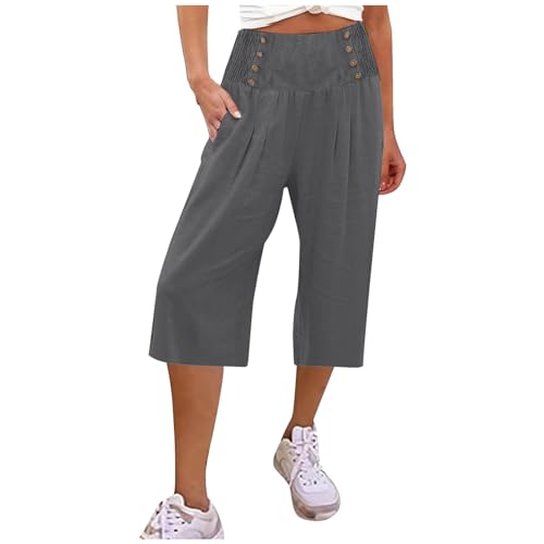 Women Summer Trousers Casual Baumwolle Long Wide Leg Cropped Pants Decoration Button Loose Relaxed Fit Crop Wide Leggings Classic Solide Farbe Lounge Wear mit Taschen von Briskorry