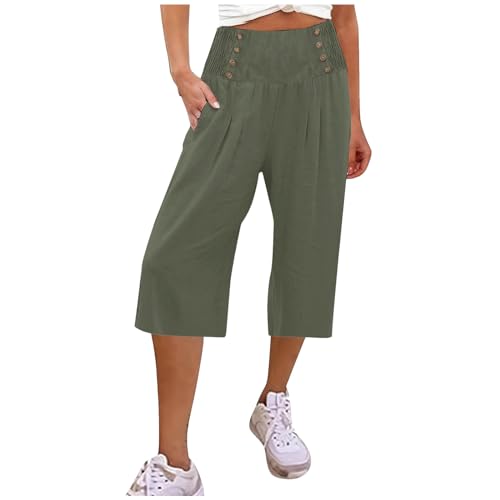 Women Summer Trousers Casual Baumwolle Long Wide Leg Cropped Pants Decoration Button Loose Relaxed Fit Crop Wide Leggings Classic Solide Farbe Lounge Wear mit Taschen von Briskorry