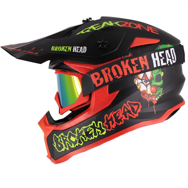Broken Head Dirthelm FreakZone Schwarz-Grün-Rot Set + MX-2 Brille von Broken Head