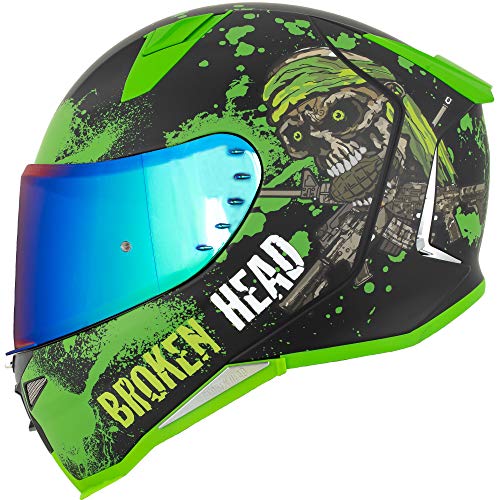 Broken Head Jack S. V2 Pro - Integral-Helm Grün- Sport-Motorrad-Helm Mit 2 Visieren (Klares + Gratis Grün Verspiegeltes Visier) - Größe XXL (63-64 cm) von Broken Head