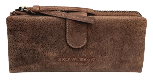 Brown Bear Geldbörse Damen Leder Braun Vintage, lang groß viele Fächer, Echtleder Portemonnaie mit Reißverschluss Münzfach, Geldbeutel mit Kartenfächer von Brown Bear