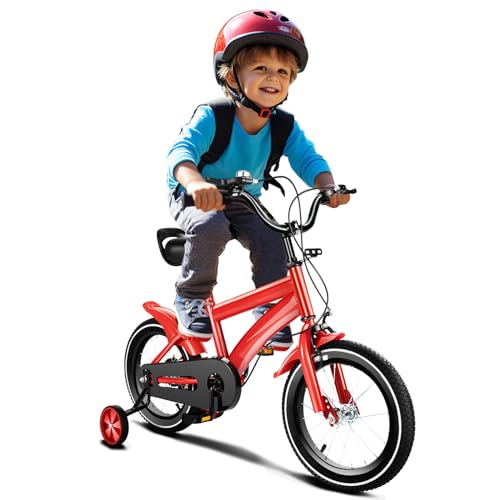 Brride 14 Zoll Kinder Fahrrad ab 3 Jahre, Jungen Mädchen Kinderfahrrad für ab 3-6 Jahre, Kinderfahrräder mit Stützräder, Höhenverstellbar, Kinder Fahrrad Cool Rot/Schwarz von Brride