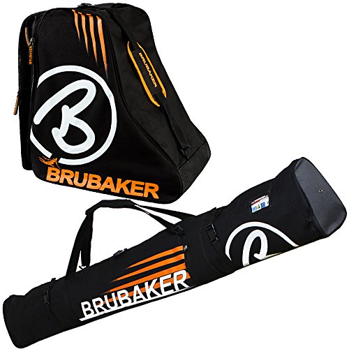 BRUBAKER Davos Kombi Set - Skisack und Skischuhtasche für 1 Paar Ski bis 190 cm + Stöcke + Schuhe - Schwarz Orange von BRUBAKER