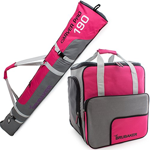 BRUBAKER Kombi Set Carver PRO - Limited Edition - Skisack und Skischuhtasche für 1 Paar Ski bis 190 cm + Stöcke + Schuhe + Helm Pink Grau von BRUBAKER
