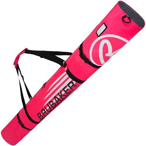 BRUBAKER Skitasche Carver Champion Pink Weiß - Gepolsterter Skisack für 1 Paar Ski und Stöcke - Reißfester Ski Bag 190 x 34 x 34 cm von BRUBAKER