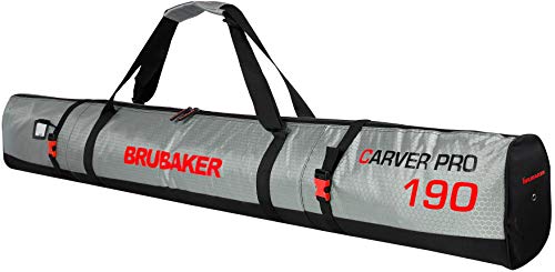BRUBAKER Skitasche Carver Tec Pro Silber Rot - Gepolsterter Skisack für 1 Paar Ski und Stöcke - Reißfester Ski Bag 190 cm von BRUBAKER