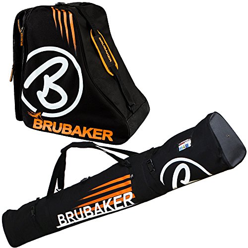 BRUBAKER Davos Kombi Set - Skisack und Skischuhtasche für 1 Paar Ski bis 170 cm + Stöcke + Schuhe - Schwarz Orange von BRUBAKER