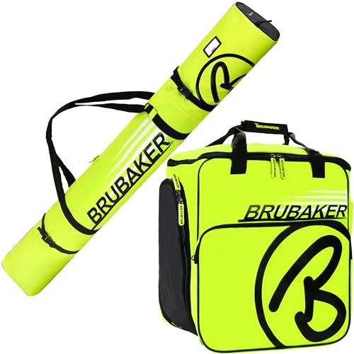 BRUBAKER Kombi Set Carver Champion - Skitasche und Skischuhtasche für 1 Paar Ski + Stöcke + Schuhe + Helm - Neon Gelb/Schwarz - 170 cm von BRUBAKER