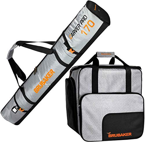 BRUBAKER Kombi Set CarverTec Pro - Skisack und Skischuhtasche für 1 Paar Ski + Stöcke + Schuhe + Helm - Silber Orange - 170 cm von BRUBAKER