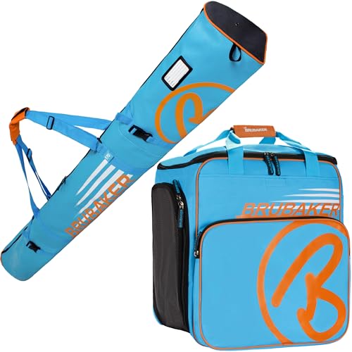 BRUBAKER Kombi Set Champion - Limited Edition - Skisack und Skischuhtasche für 1 Paar Ski bis 170 cm + Stöcke + Schuhe + Helm Blau Orange von BRUBAKER