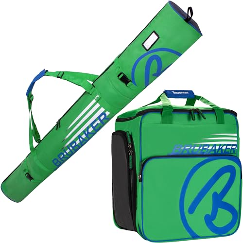 BRUBAKER Kombi Set Champion - Limited Edition - Skisack und Skischuhtasche für 1 Paar Ski bis 170 cm + Stöcke + Schuhe + Helm Grün Blau von BRUBAKER