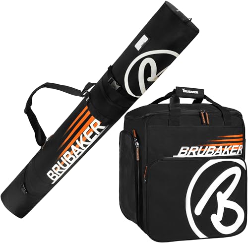 BRUBAKER Kombi Set Champion Skisack und Skischuhtasche für 1 Paar Ski bis 170 cm + Stöcke + Schuhe + Helm Schwarz Orange von BRUBAKER