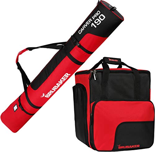 BRUBAKER Kombi Set Skisack und Skischuhtasche für 1 Paar Ski bis 190 cm + Stöcke + Schuhe + Helm Schwarz Rot von BRUBAKER