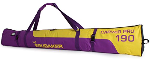 BRUBAKER Skitasche Carver Pro Limited Edition gepolsterter Skisack für 1 Paar Ski und Stöcke 190 cm Lila Gelb von BRUBAKER