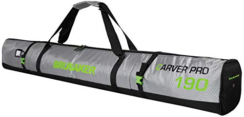 BRUBAKER Skitasche Carver Tec Pro Silber Grün - Gepolsterter Skisack für 1 Paar Ski und Stöcke - Reißfester Ski Bag 190 cm von BRUBAKER