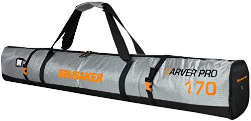 BRUBAKER Skitasche Carver Tec Pro Silber Orange - Gepolsterter Skisack für 1 Paar Ski und Stöcke - Reißfester Ski Bag 170 cm von BRUBAKER