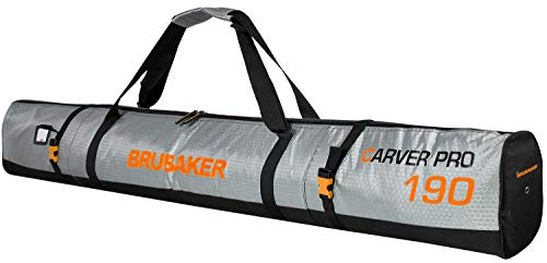 BRUBAKER Skitasche Carver Tec Pro Silber Orange - Gepolsterter Skisack für 1 Paar Ski und Stöcke - Reißfester Ski Bag 190 cm von BRUBAKER
