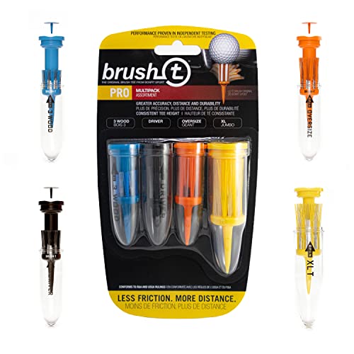 Brush T Multipack mit 4 Golftees (Holz, Driver, Oversized, XLT) – geringe Reibung, mehr Distanz, gleichmäßige Höhe von Brush T