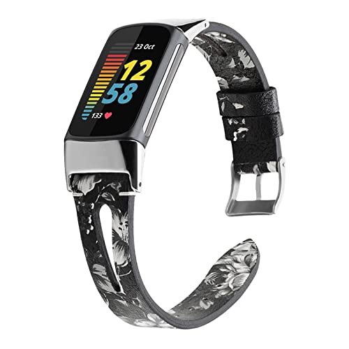 Armband Kompatibel mit Fitbit Charge 5 Armband Leder Für Damen Herren Armbänder + Verbinder Mode Ersatzband mit Schnalle Verstellbare Uhrenarmband Für Fitbit Charge 5 (Schwarz) von BrynnShop