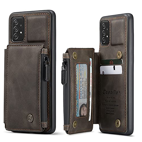 Leder Handyhülle für Samsung A52s/A52 Hülle Magnet Flip Case Brieftasche für Galaxy A52s/A52 Kartenfach Reißverschluss Wallet TPU Bumper Stoßfest Schutzhülle (Kaffee,A52/A52s) von BrynnShop